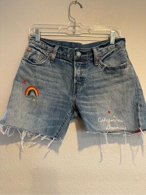 Vintage California Dreamin Embroidered Levi's Denim Cutoff Shorts Surf Board Sun